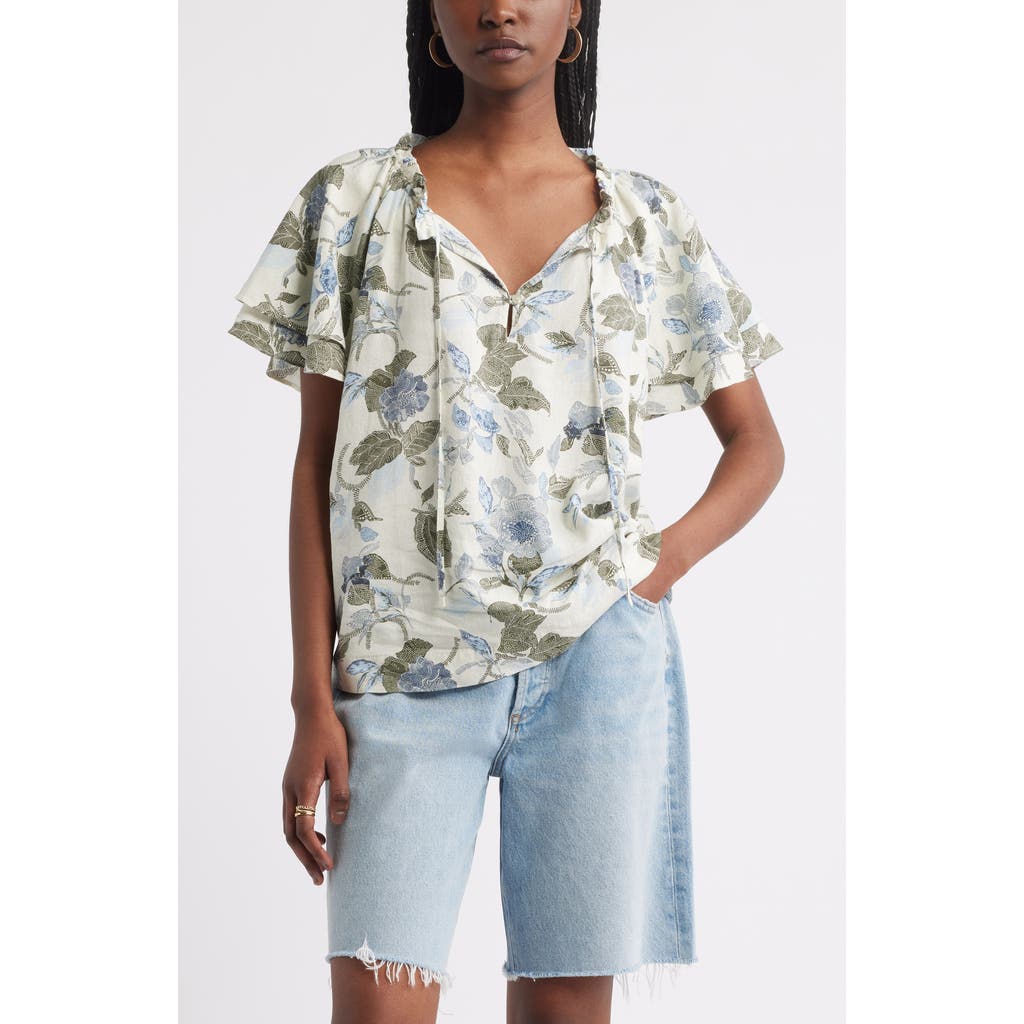 Treasure & Bond Shirred Botanical Print Linen Blend Top