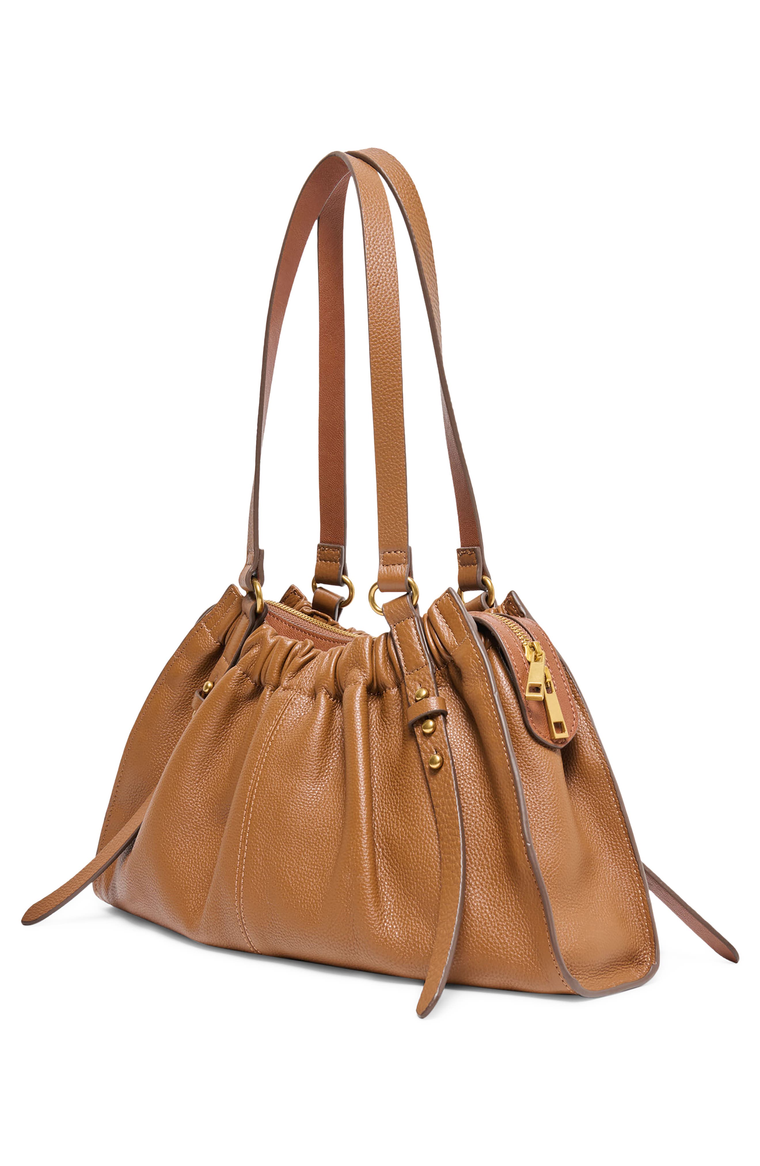 Sloan Ruched Leather Shoulder Bag, Alternate, color, COGNAC