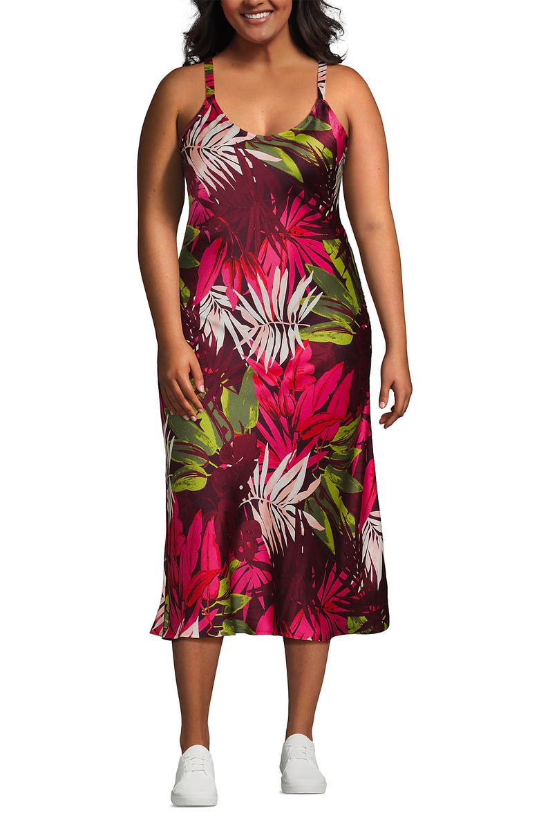 Lands
 End Satin Slip Dress, Main, color, Rich Burgundy Tropical Palm