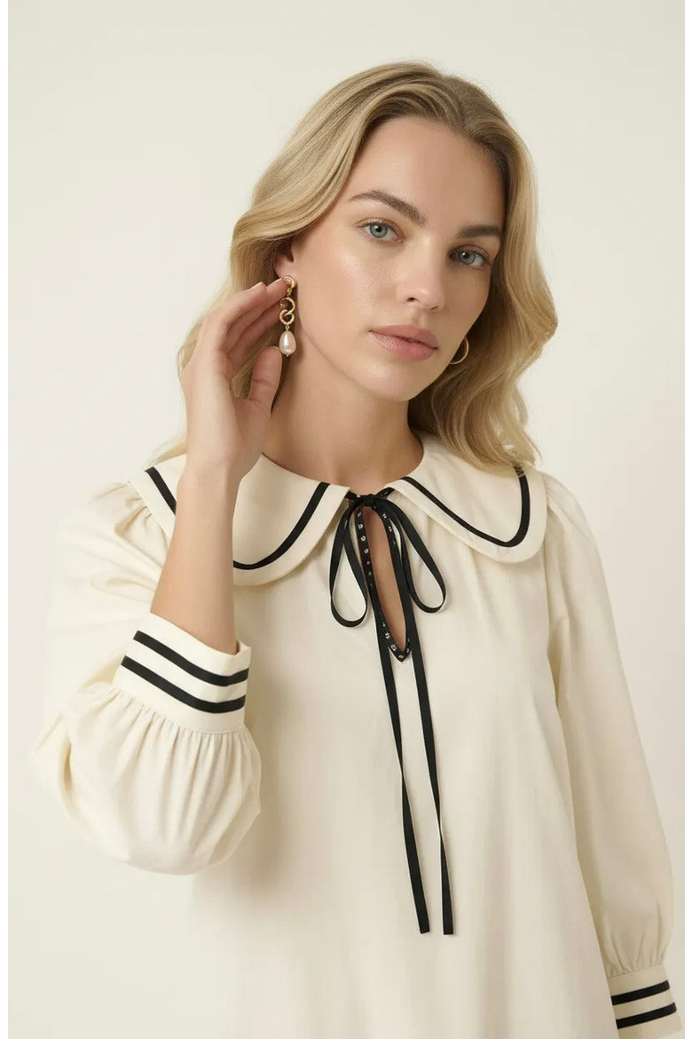 Long-Sleeve Pleated Mini Dress, Alternate, color, Off-white / Black