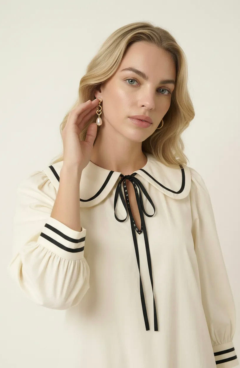 Modenaire Long-Sleeve Pleated Mini Dress, Alternate, color, Off-White / Black