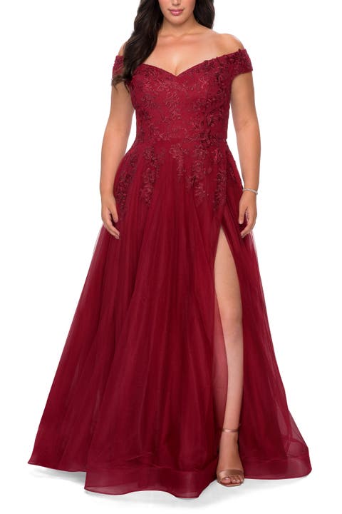 Off The Shoulder Tulle Plus Size Gown with Lace