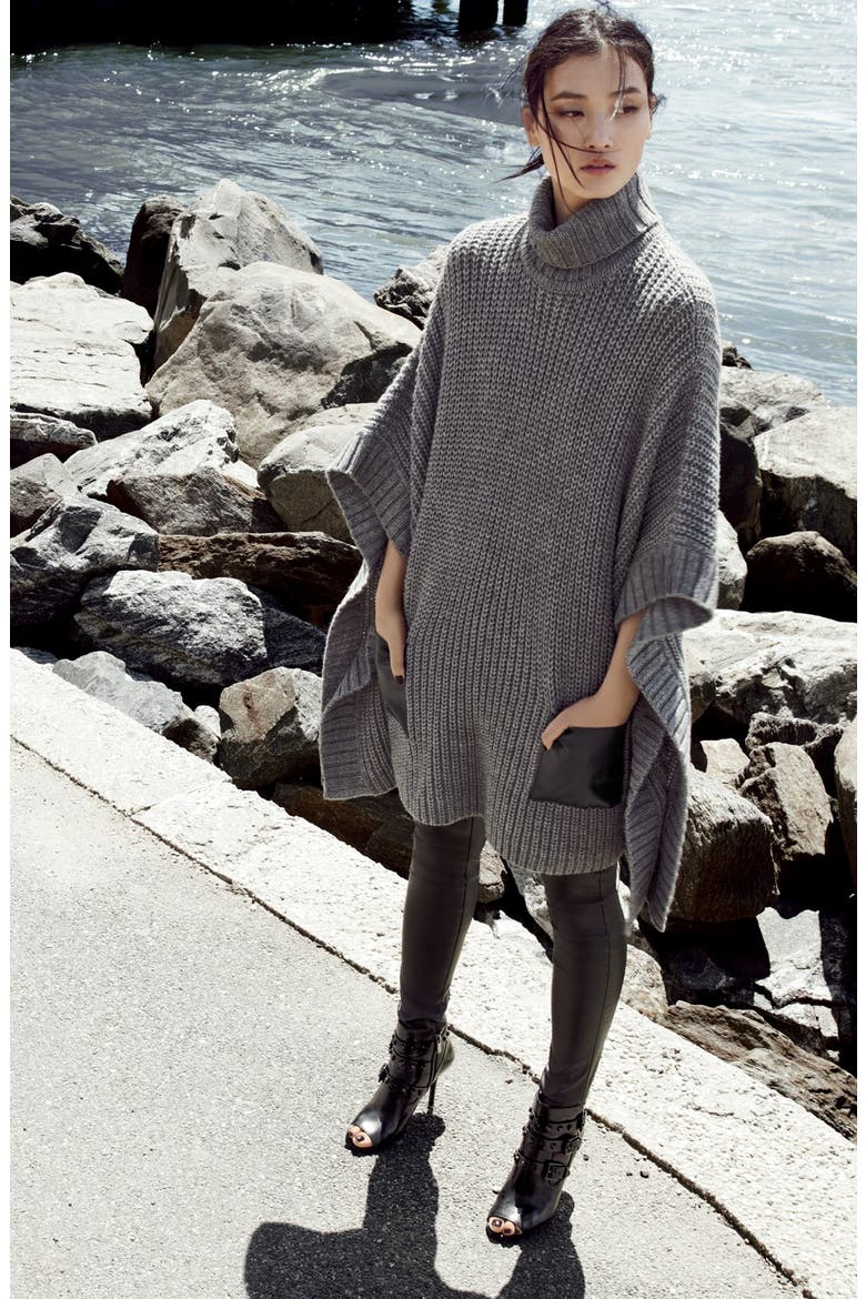 Faux Leather Pocket Turtleneck Poncho, Alternate, color, BLACK