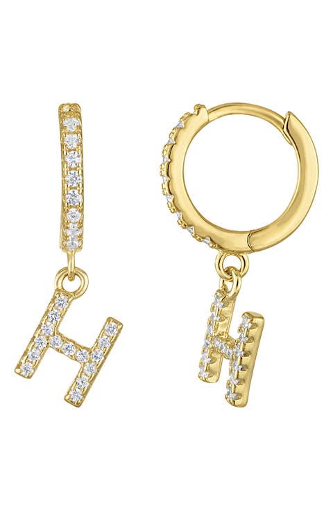 Pavé Cubic Zirconia Initial 'H' Huggie Drop Earrings