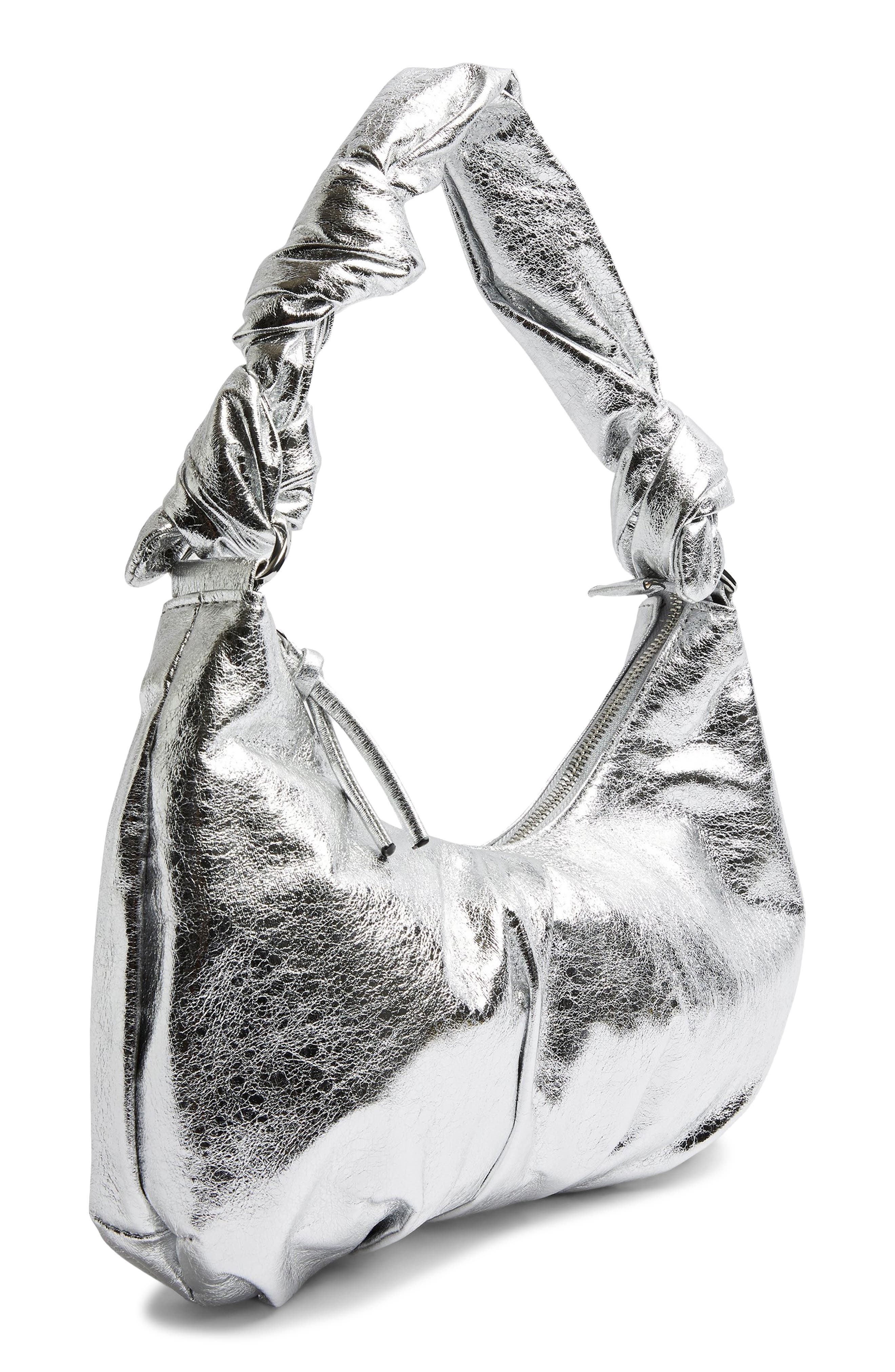 Knotted Half Moon Faux Leather Shoulder Bag, Alternate, color, SILVER