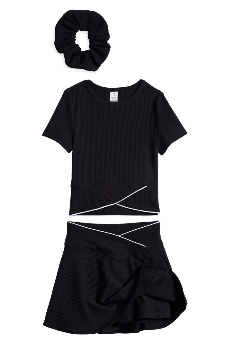 Kids' Ottoman Rib Top, Skirt & Scrunchie Set, Alternate, color, BLACK/ WHITE