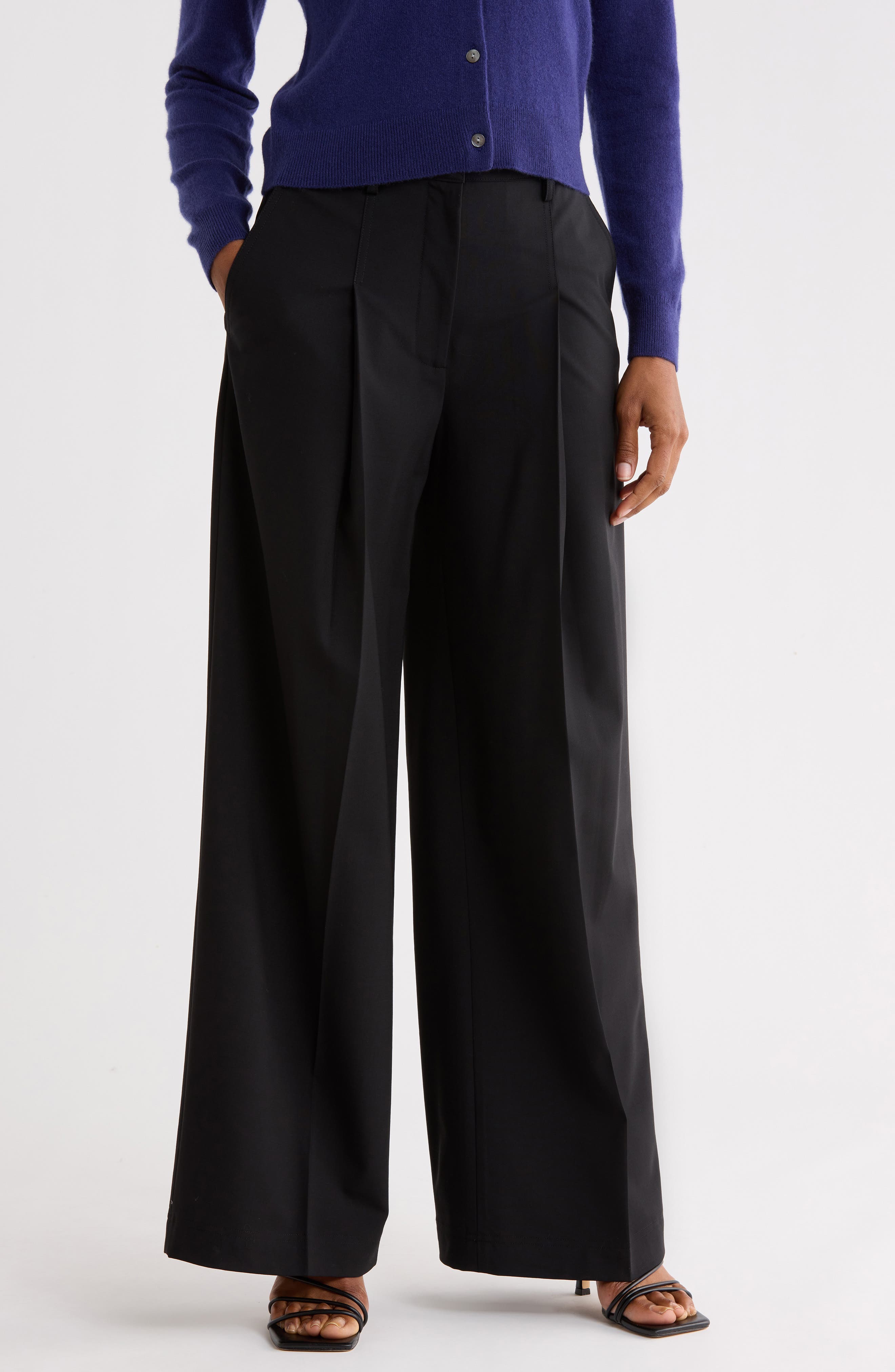 Wide Leg Pleated Wool Blend Trousers