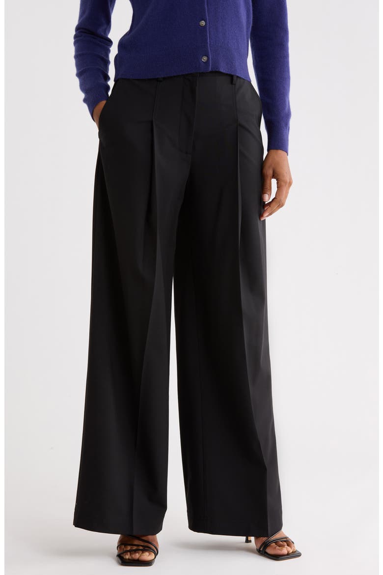 Wide Leg Pleated Wool Blend Trousers, Main, color, BLK