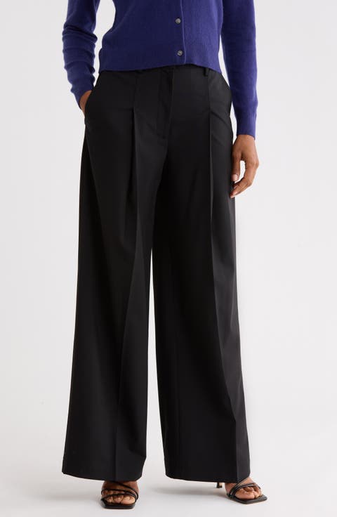 Wide Leg Pleated Wool Blend Trousers