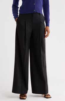 Wide Leg Pleated Wool Blend Trousers