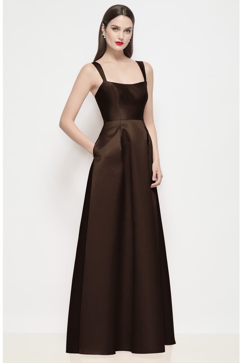 Lyssa Sleeveless Matte Satin Gown, Alternate, color, ESPRESSO