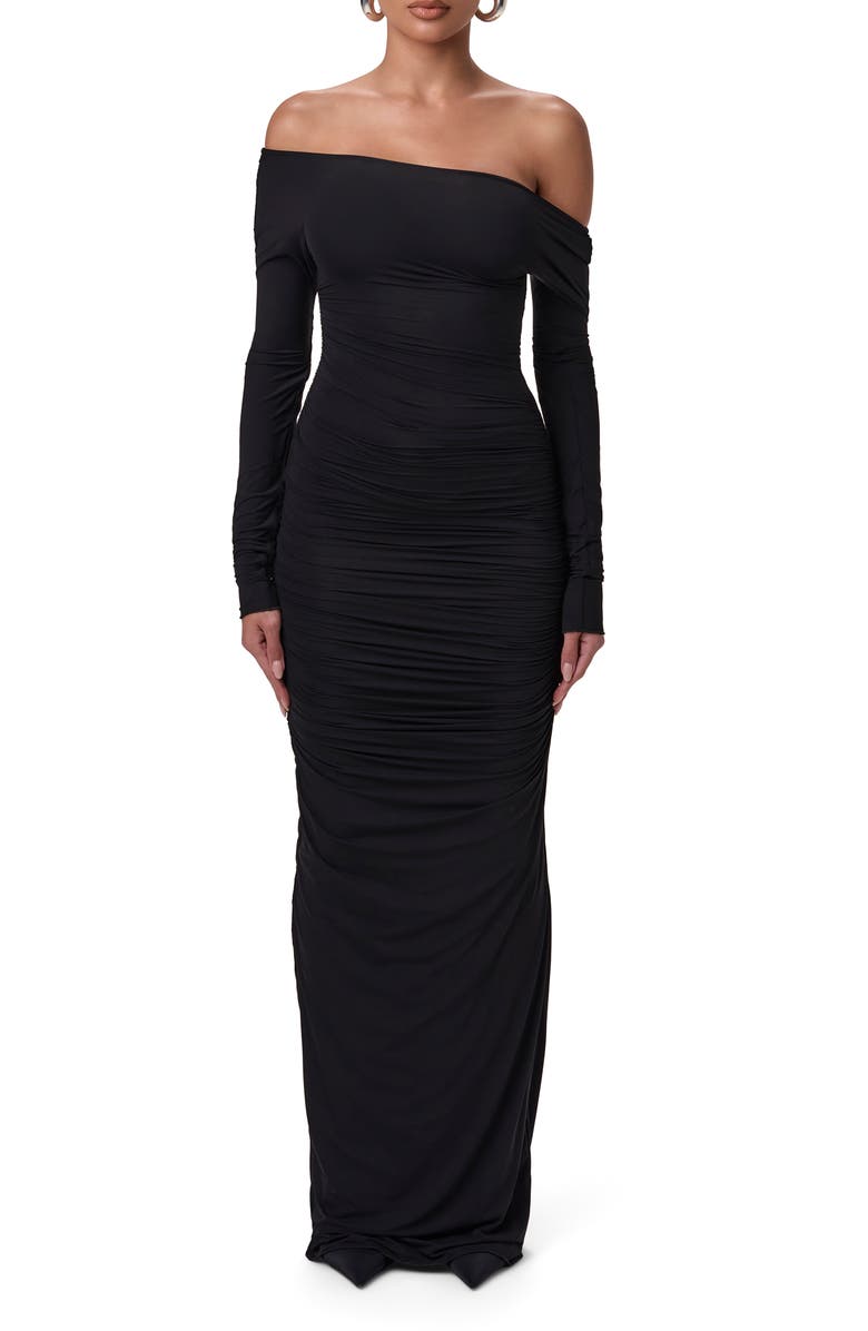 Naked Wardrobe Ruched Off the Shoulder Long Sleeve Maxi Dress, Main, color, Black