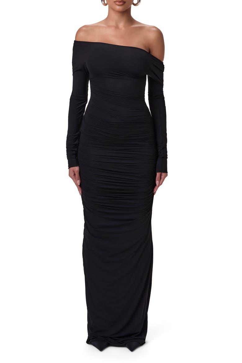 black off the shoulder long sleeve maxi dress Buy Lipsy Black Long Sleeve Off The Shoulder Gathered Waist Maxi Dress from Next USA