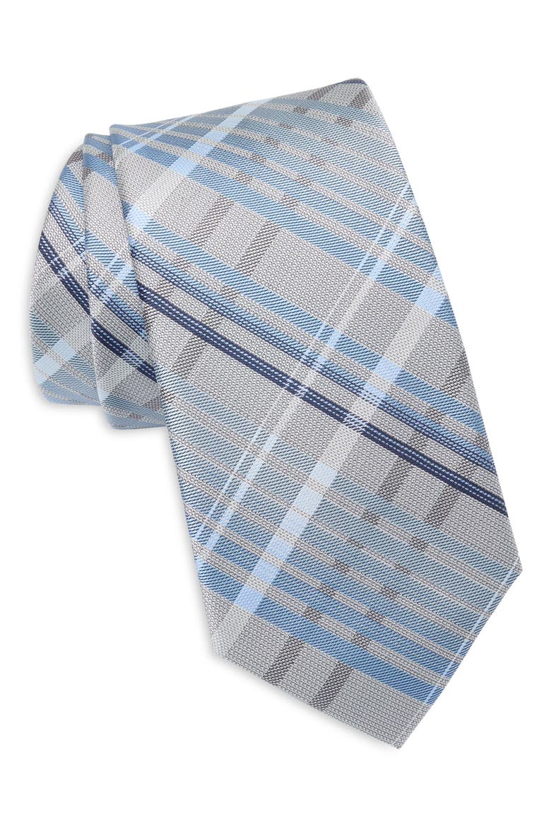Brody Plaid Tie, Main, color, SILVER/ BLUE