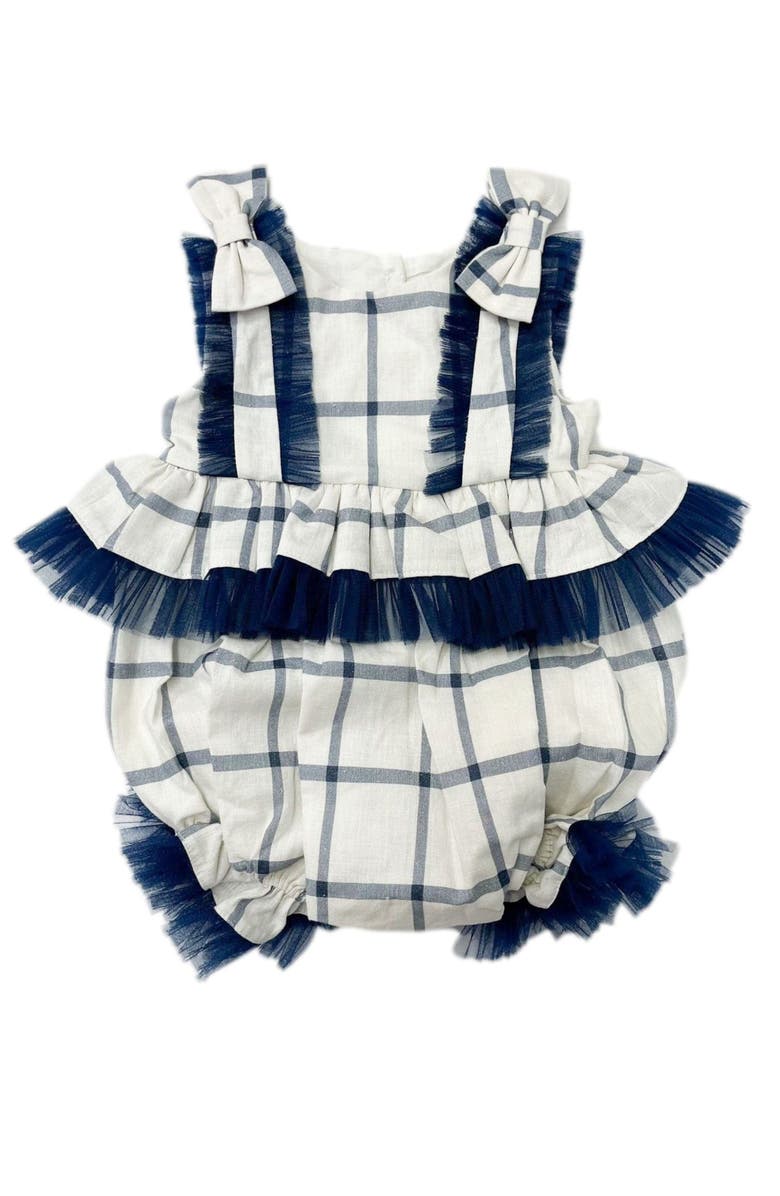 Petite Maison Kids Checkered Linen Ruffle Romper, Main, color, Navy Checkered