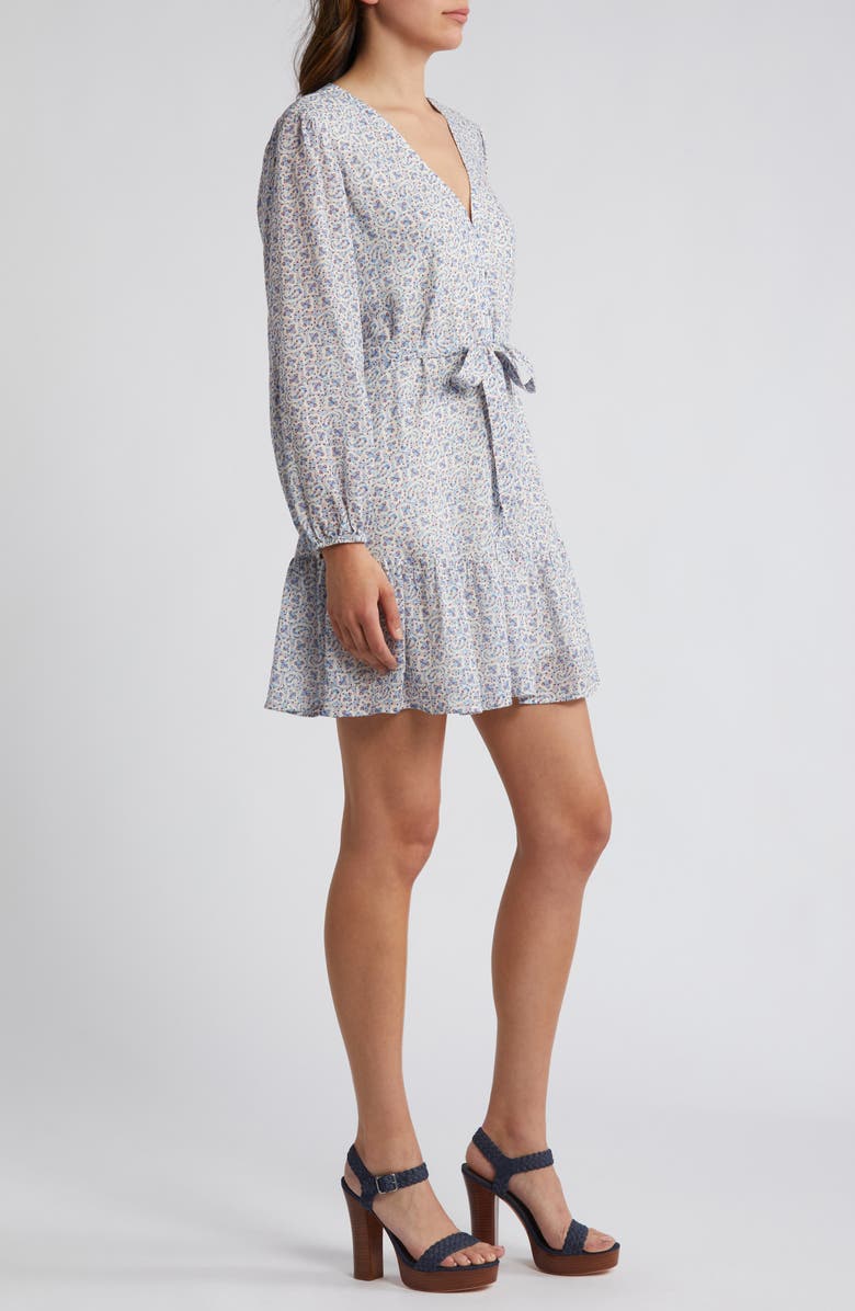 PAIGE Marlyn Paisley Long Sleeve Ruffle Hem Minidress, Alternate, color, French Blue White Multi