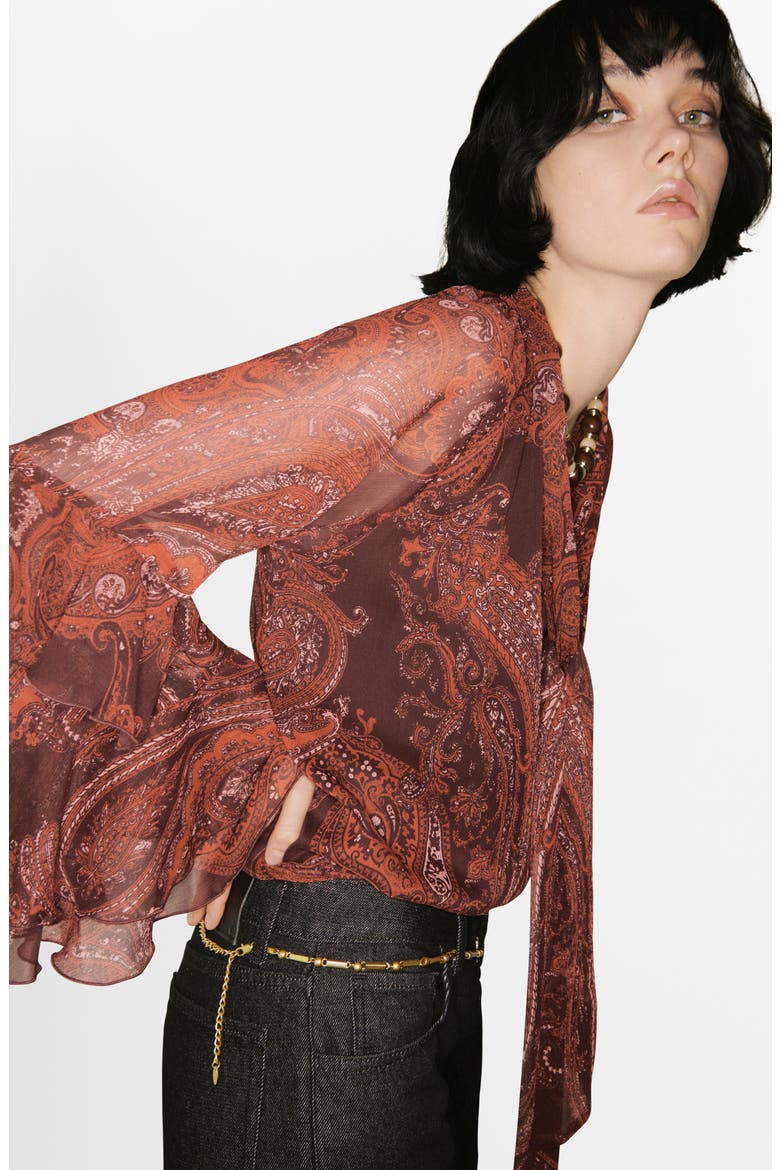 Jewell Ruffle Sleeve Tie Neck Top, Alternate, color, RUSSET