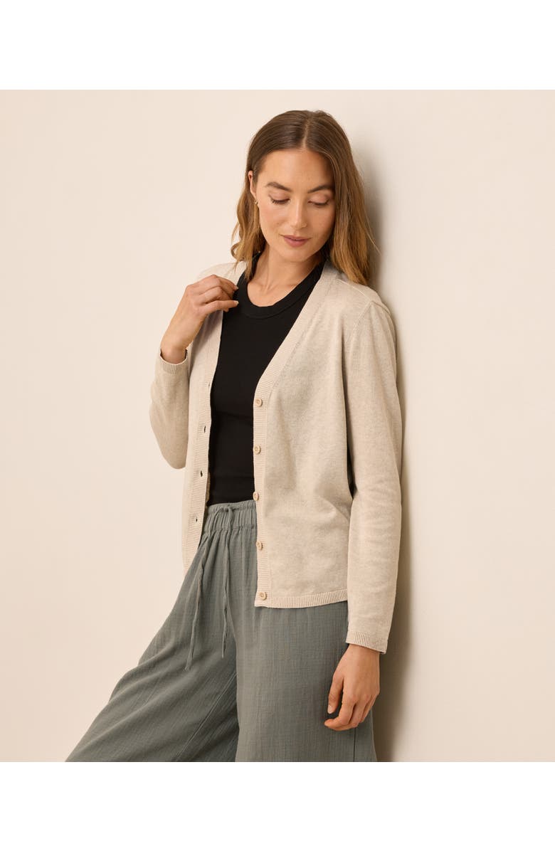 Pact Organic Classic Fine Knit V-Neck Cardigan, Alternate, color, Sandshell Heather