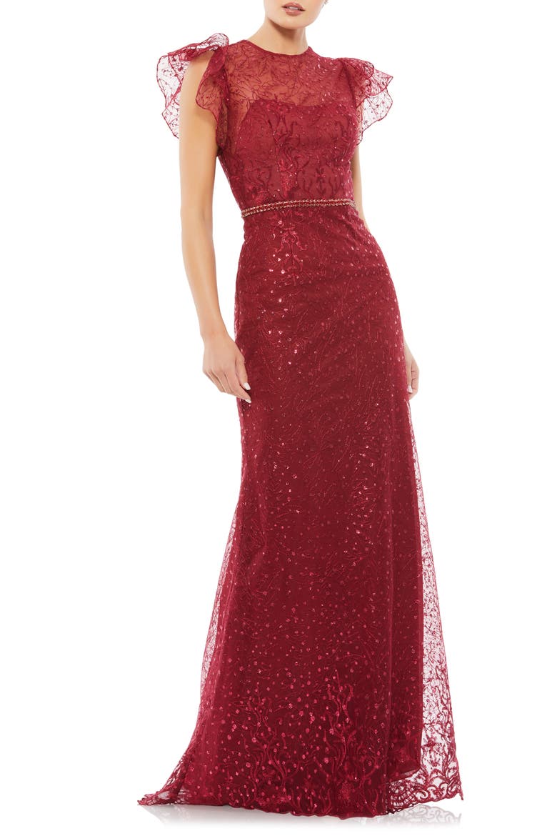 Embroidered Ruffle Sleeve Tulle Trumpet Gown, Main, color, DEEP RED