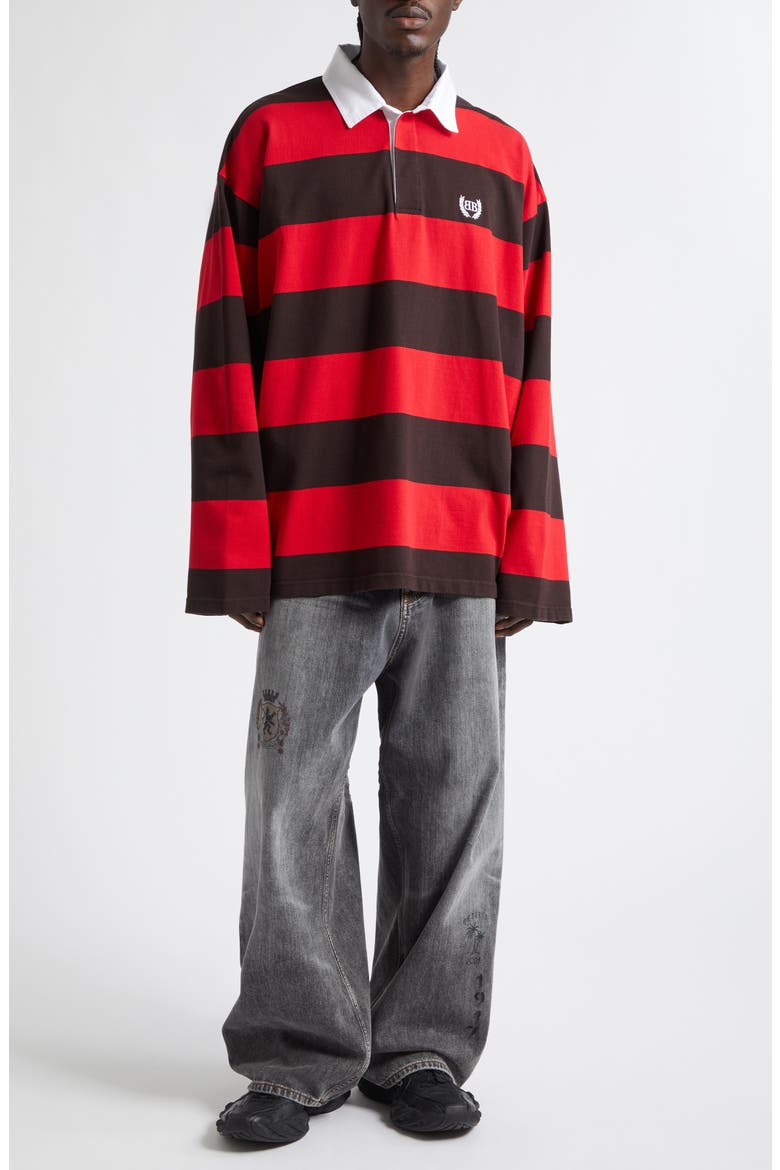 Laurel Embroidered Stripe Mixed Media Rugby Polo, Alternate, color, 1273 DARK BROWN/ RED