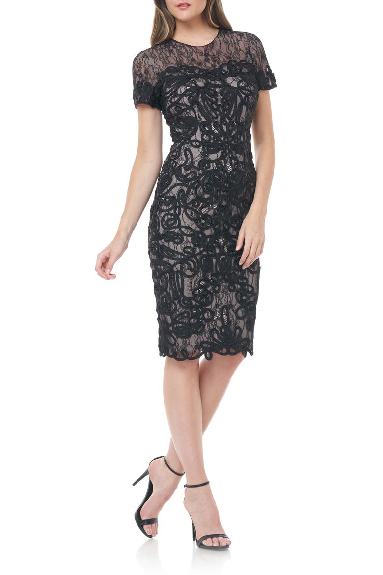 Soutache Lace Cocktail Dress, Main, color, BLACK NUDE