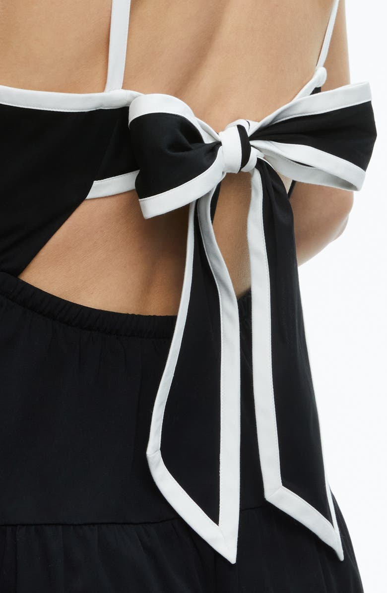 Alice + Olivia Hartley Tie Back Tiered Stretch Cotton Midi Dress, Alternate, color, Black/ Off White