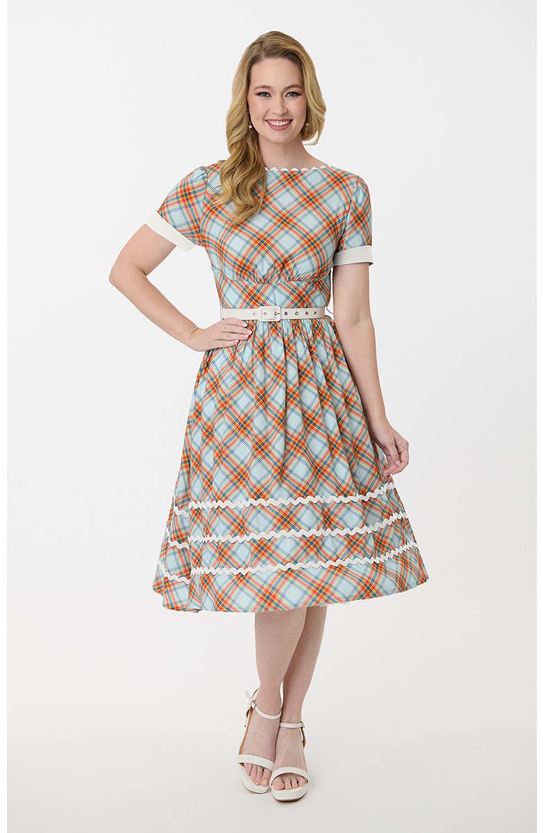Unique Vintage Boatneck Ricrac Swing Dress, Main, color, Rainbow Plaid