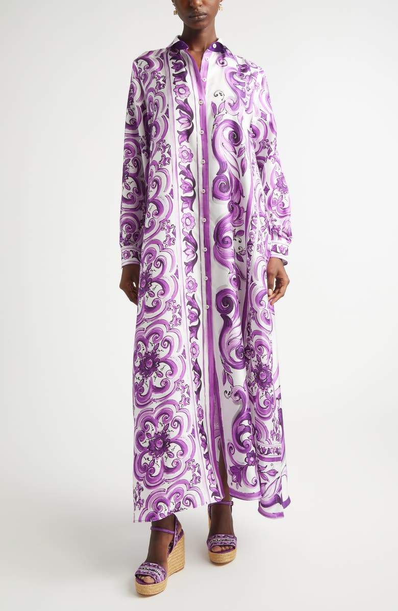 Dolce&Gabbana Majolica Print Long Sleeve Silk Shirtdress, Main, color, Ip3tn Mix Maiolica Viola