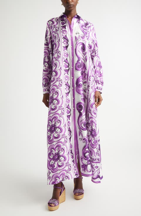 Majolica Print Long Sleeve Silk Shirtdress