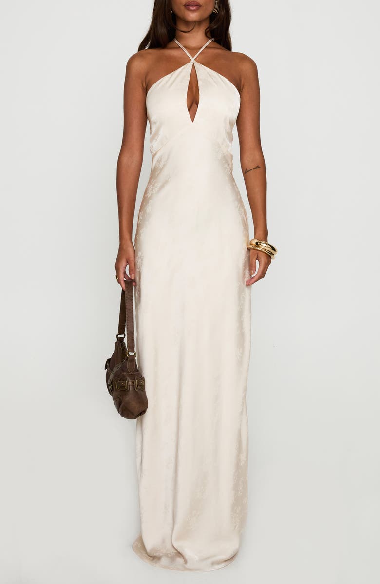 Princess Polly Limosina Halter Satin Gown, Main, color, Champagne