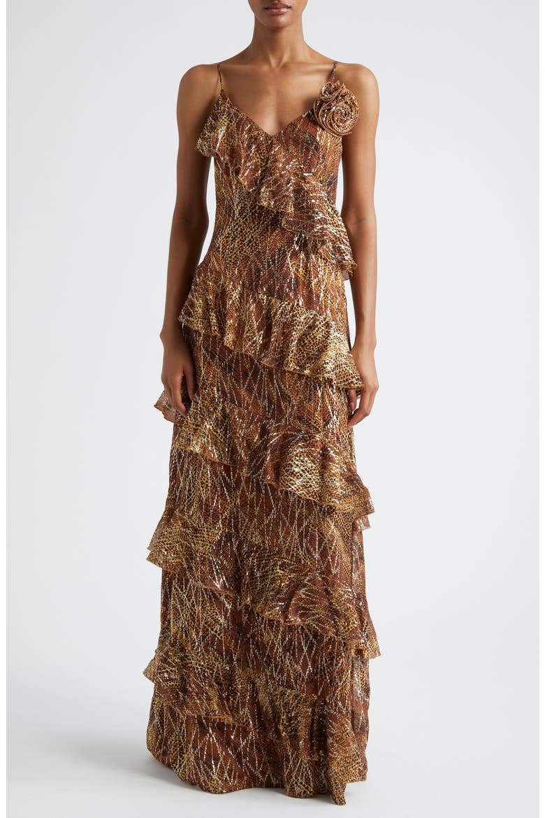 Aneta Metallic Ruffle Gown, Main, color, GOLD ANIMAL