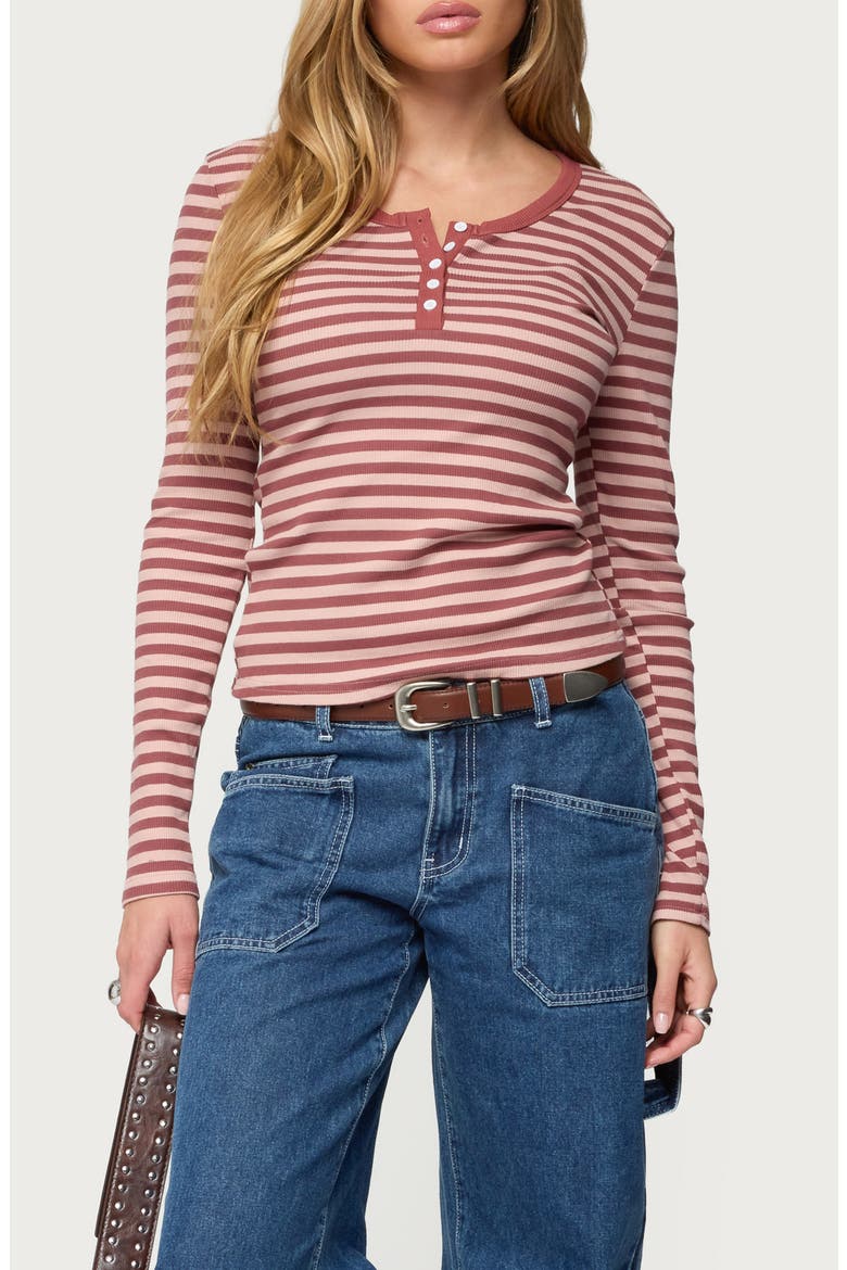 Roma Stripe Rib Henley Top, Alternate, color, PINK