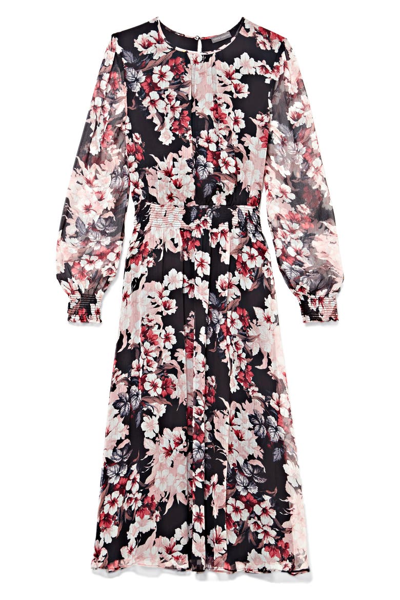 Timeless Blooms Cinch Waist Midi Dress, Alternate, color, RICH BLACK