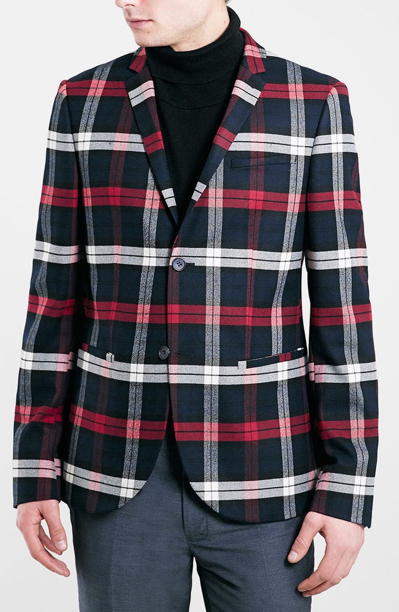 Topman Skinny Fit Tartan Check Blazer, Main, color, 
