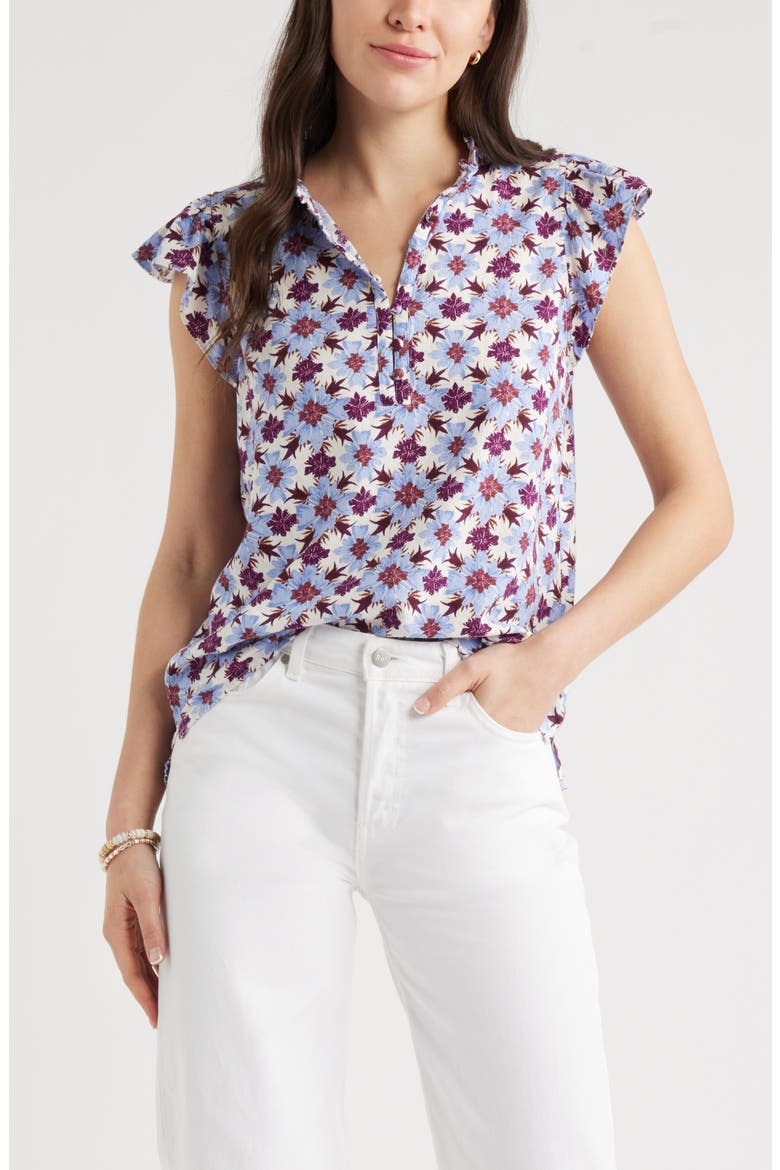 Flutter Sleeve Print Popover Top, Main, color, IVORY- PURPLE MILLIE TILE