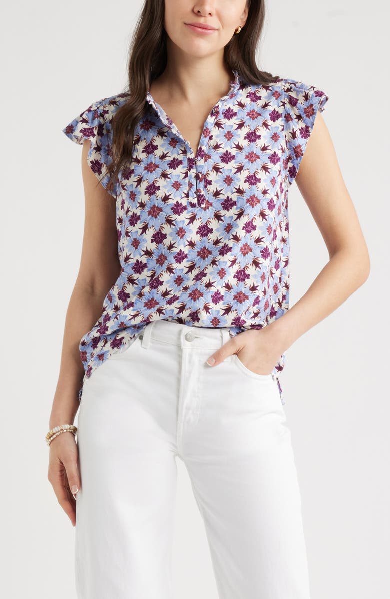 Caslon<sup>®</sup> Flutter Sleeve Print Popover Top, Main, color, Ivory- Purple Millie Tile