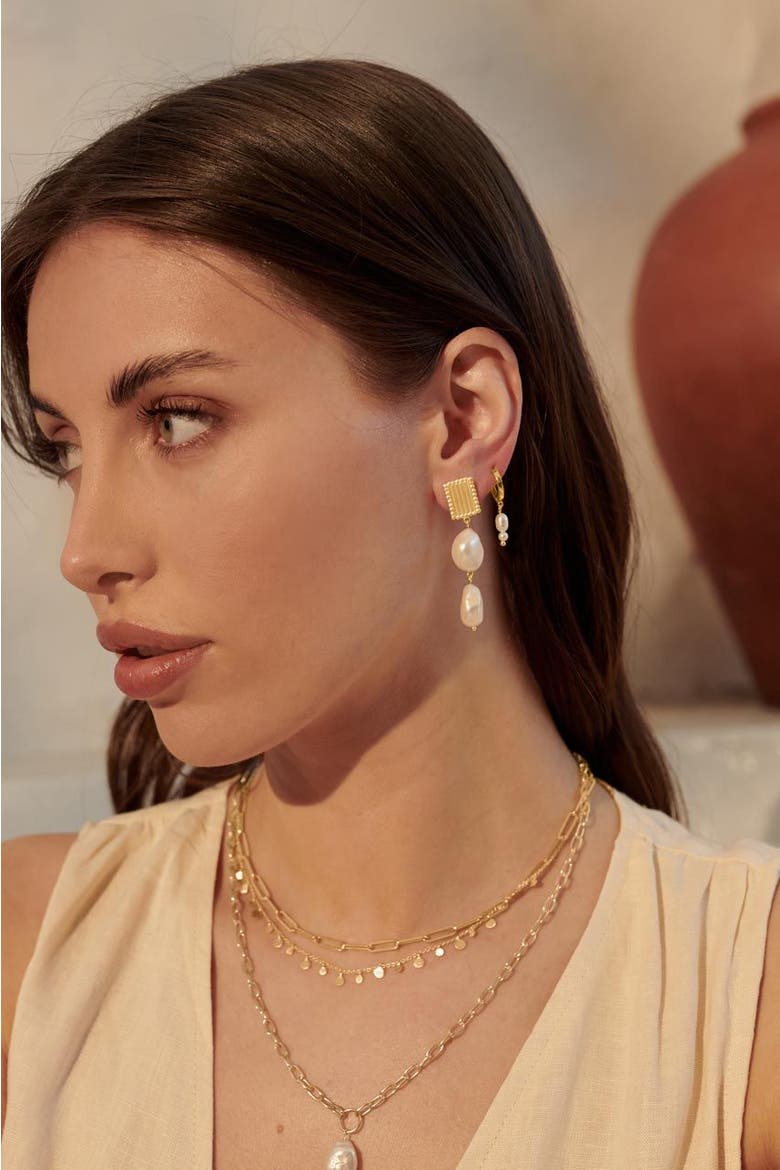 Aphrodite Goddess Hanging Pearl Earrings, Alternate, color, Yellow Gold