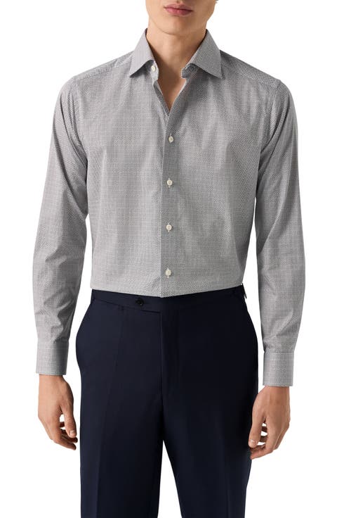 Regular Fit Microprint Signature Cotton Twill Dress Shirt