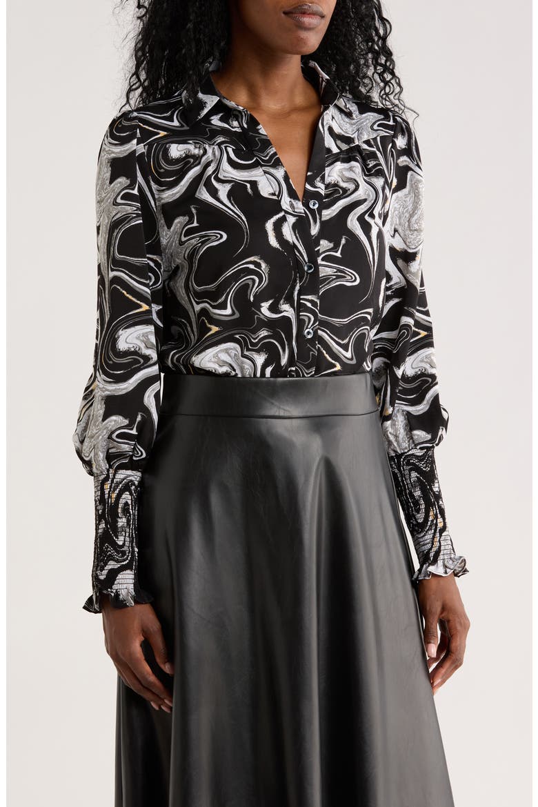 Smocked Cuff Button-Up Top, Main, color, BLACK