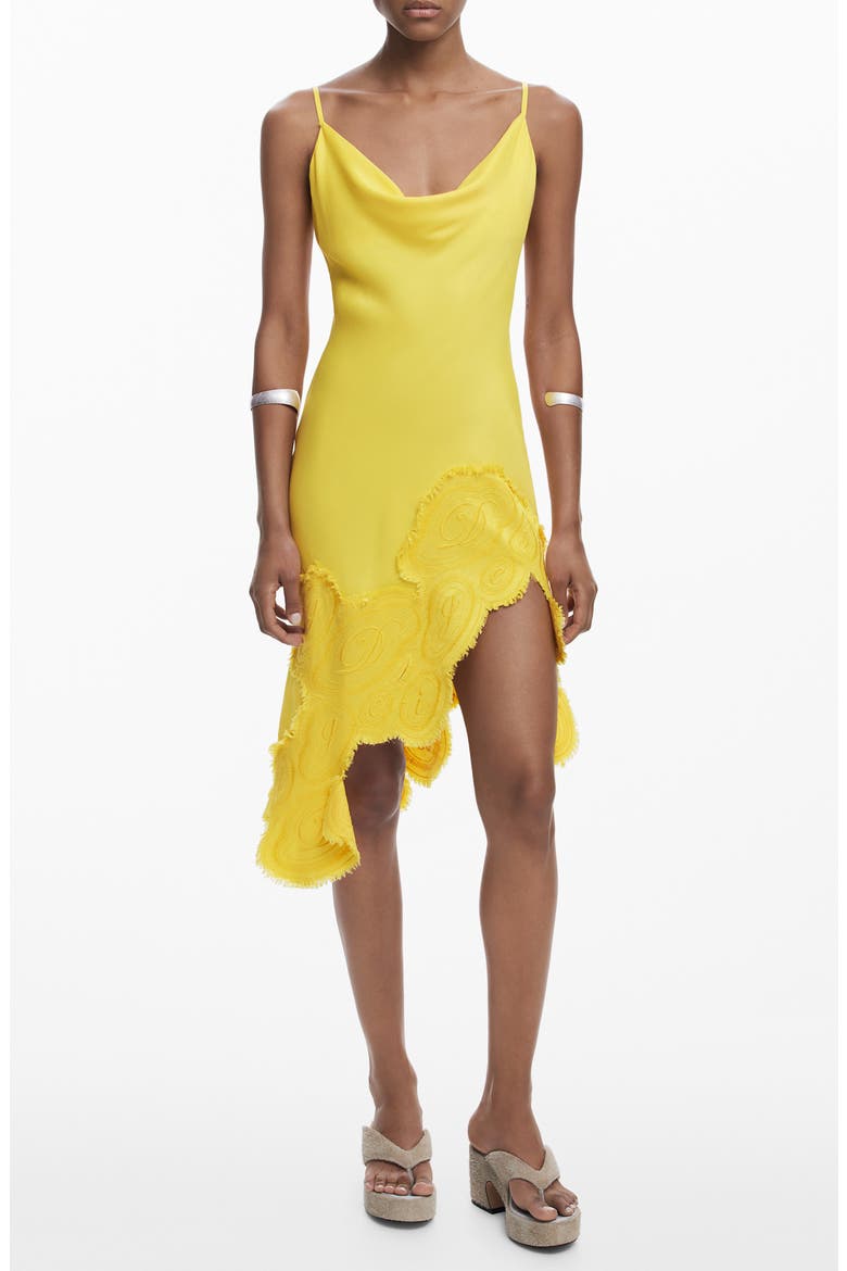 Embroidered Asymmetric Hem Satin Slipdress, Main, color, YELLOW