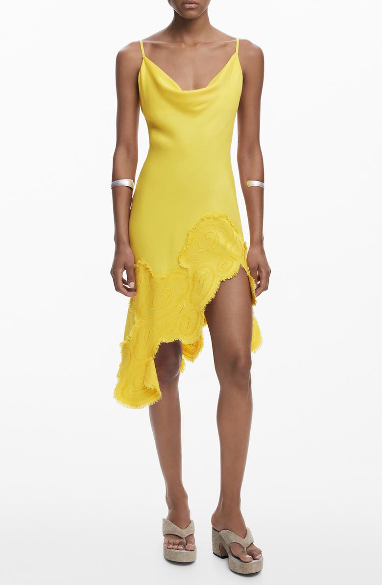 Desigual Embroidered Asymmetric Hem Satin Slipdress, Main, color, Yellow