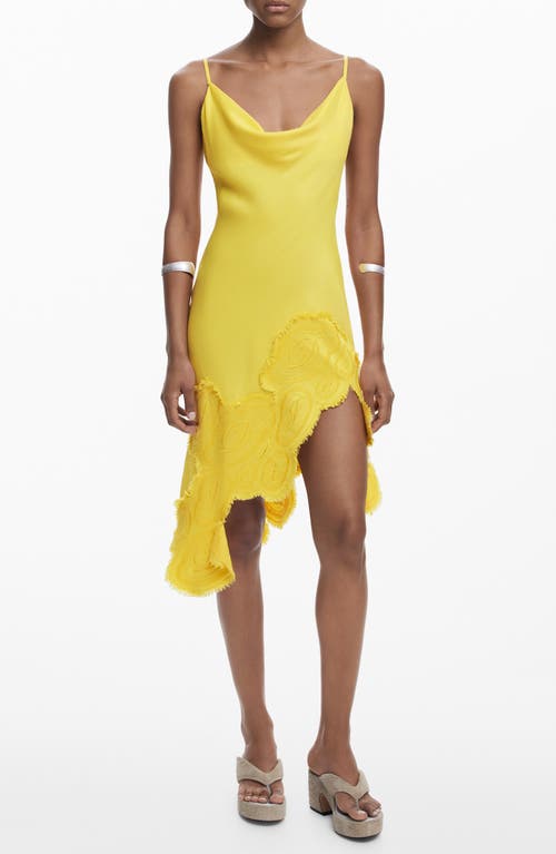 Desigual Embroidered Asymmetric Hem Satin Slipdress In Yellow