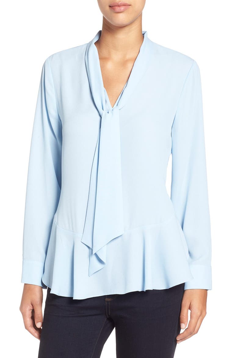 Ruffle Hem Tie Neck Blouse, Main, color, LIGHT CHAMBRAY