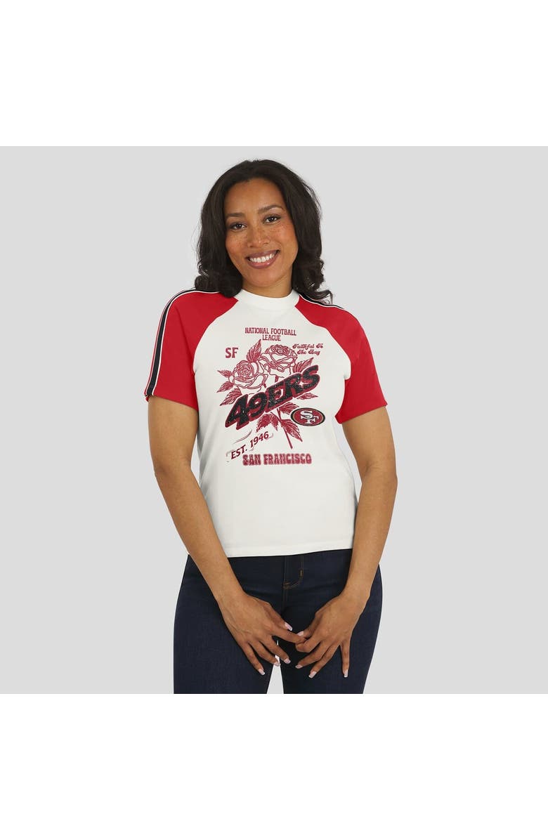 WEAR by Erin Andrews Women's WEAR by Erin Andrews White San Francisco 49ers Sleeve Stripe Distressed Raglan T-Shirt, Alternate, color, White