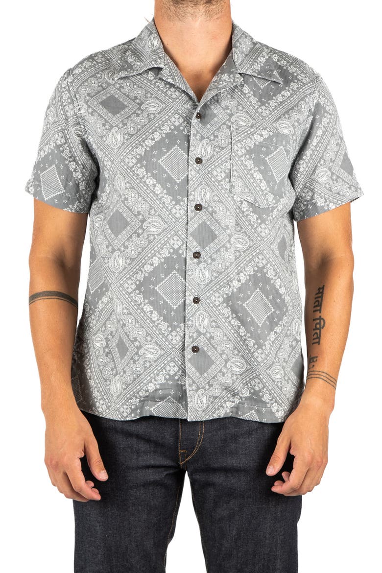 The Wrench Waffle Bandana Print Short Sleeve Button-Up Camp Shirt, Main, color, GRAY BANDANA