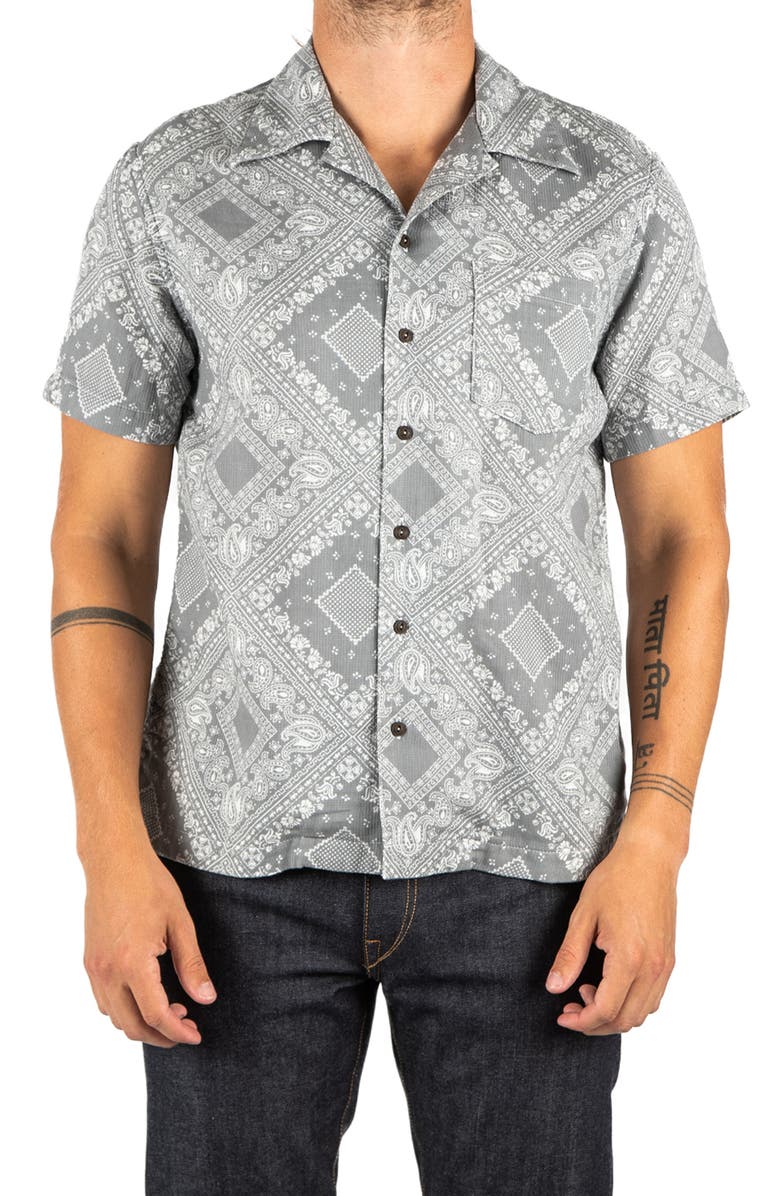 HIROSHI KATO The Wrench Waffle Bandana Print Short Sleeve Button-Up Camp Shirt, Main, color, Gray Bandana