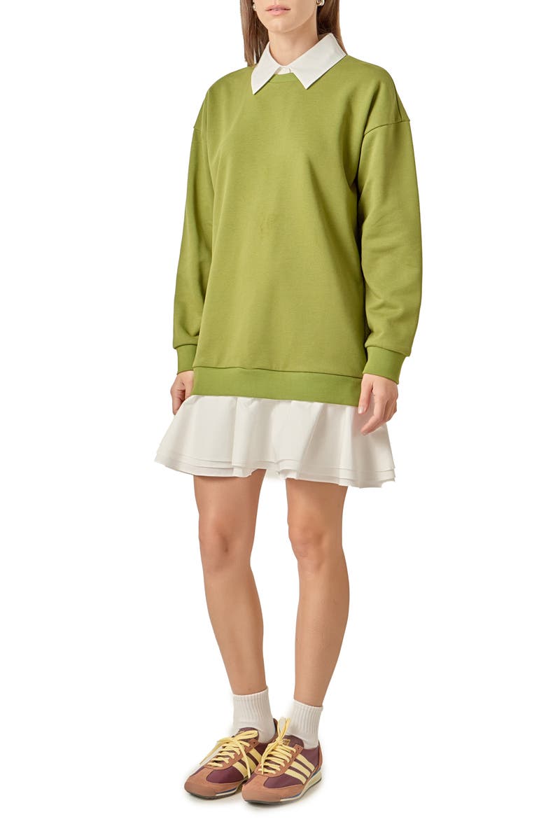 Long Sleeve Mixed Media Sweatshirt Minidress, Alternate, color, OLIVE/ WHITE