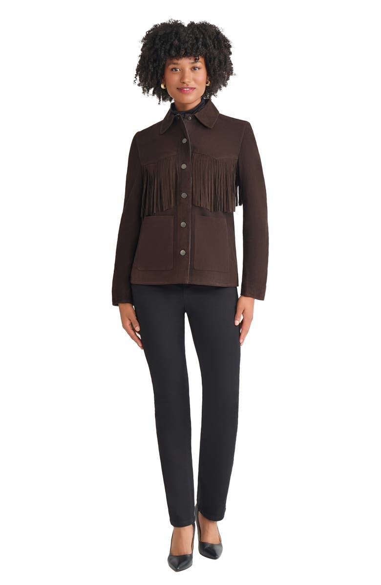 Jones New York Fringe Detail Suede Shirt Jacket, Alternate, color, Coffee Bean