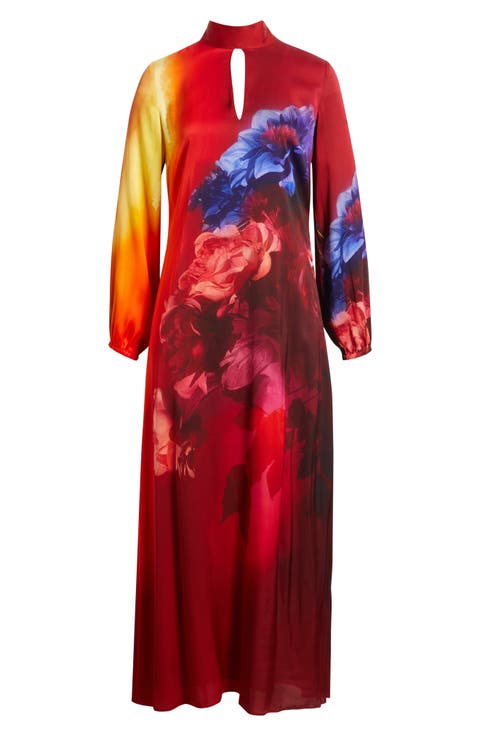 The Alana Placed Floral Long Sleeve Silk Blend Dress