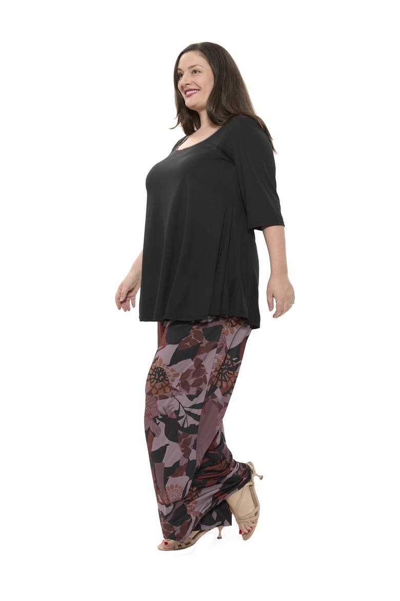 Plus Size Floral Print Scoop Neck Elbow Sleeve Swing Tunic Top and Pant Set, Alternate, color, Brown Multi